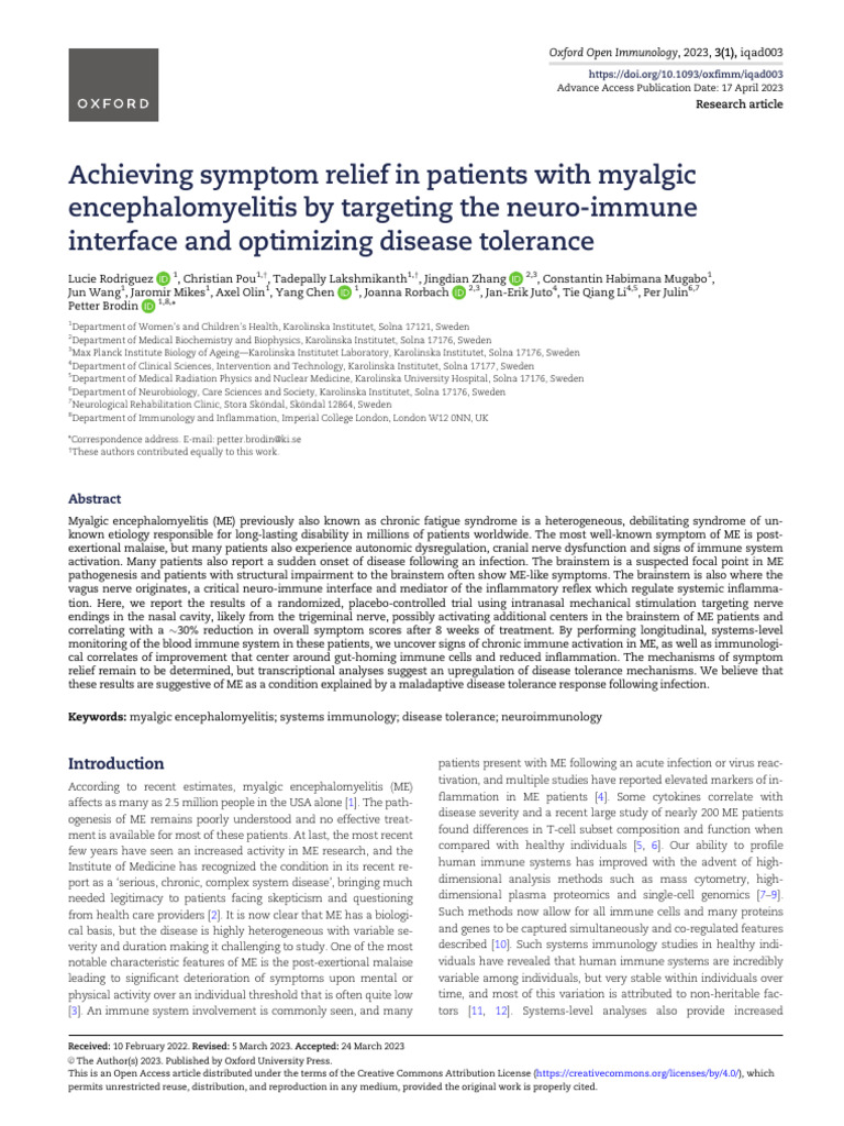 Achieving Symptom Relief in Patients With Myalgic Encephalomyelitis by ...