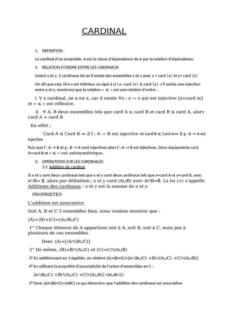 Définition et Propriétés des Cardinaux | PDF | Ensemble (Mathématiques ...