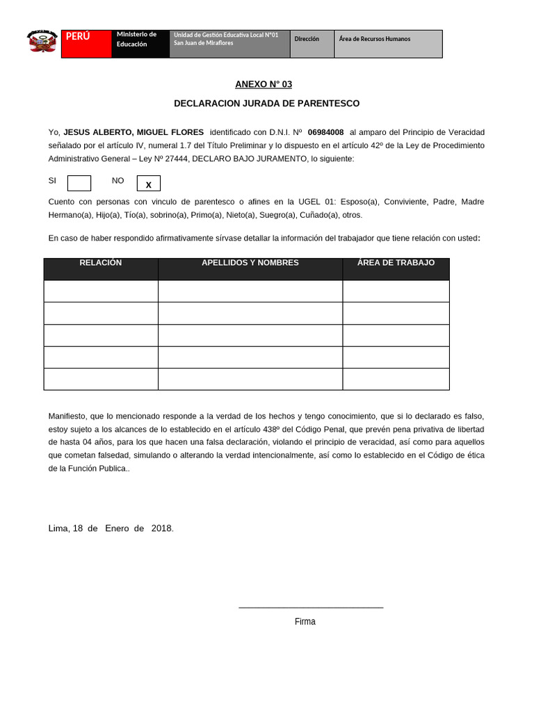 Anexo #03 Declaracion Jurada de Parentesco 03 01 17 1 | PDF