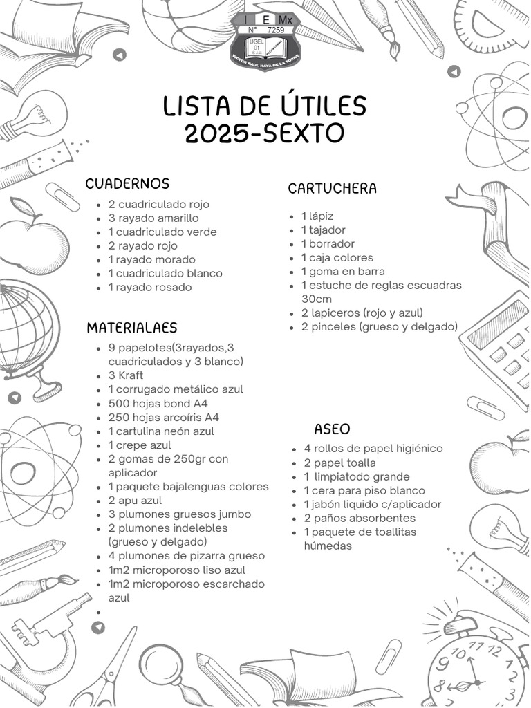 Lista de útiles escolares 2025 sexto | PDF