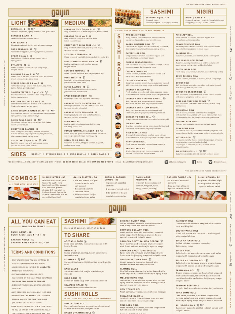 Gaijin Sushi Menu Highlights | PDF | Sushi | Sauce