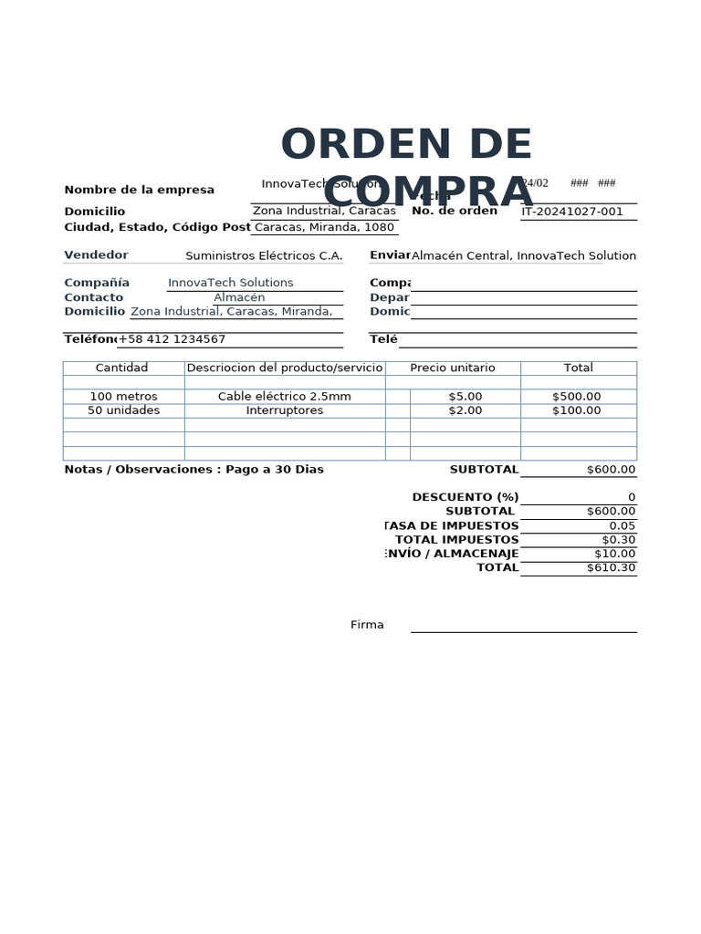 Orden de Compra InnovaTech Solutions | PDF