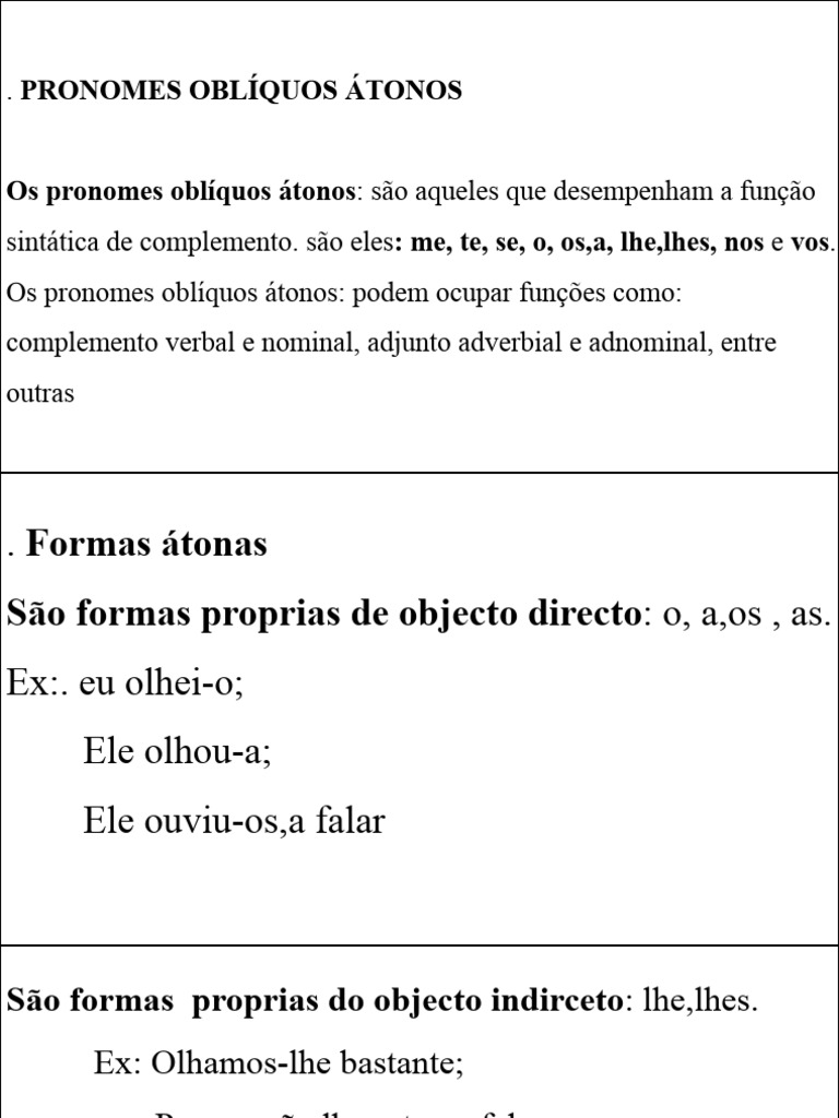Pronomes Oblíquos Átonos: Funções e Exemplos | PDF