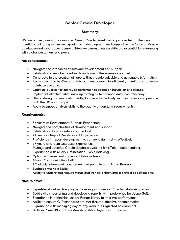 Senior Oracle Developer - JD | PDF