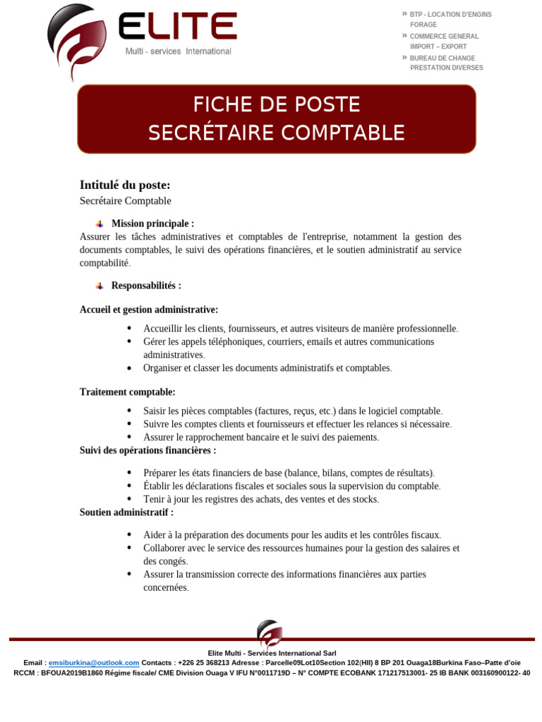Fiche de Poste : Secrétaire Comptable | PDF | Comptabilité analytique ...