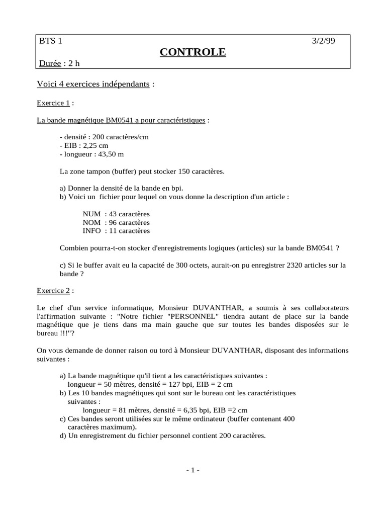 Exercices de stockage sur bande magnétique PDF Fichier informatique — free download