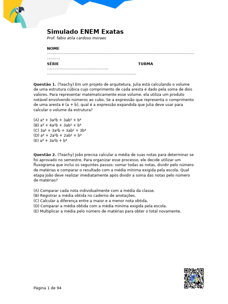Simulado ENEM: Questões de Matemática | PDF | Amostragem (Estatística ...