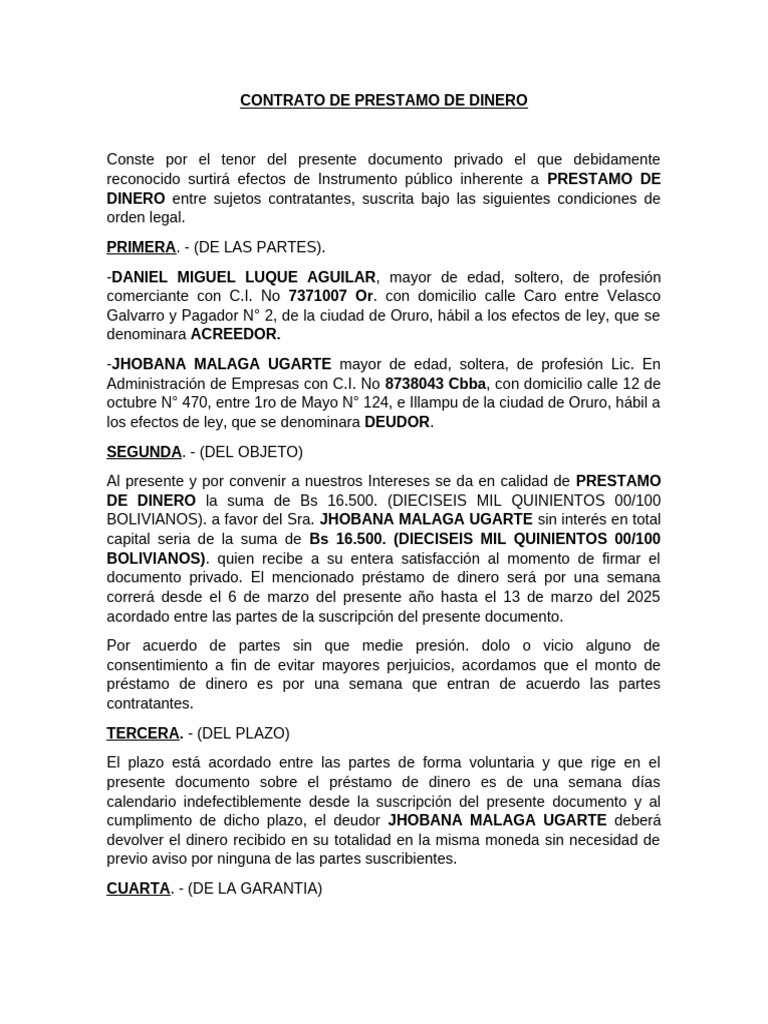 Contrato de Préstamo de Dinero en Oruro | PDF | Pagos | Derecho empresarial