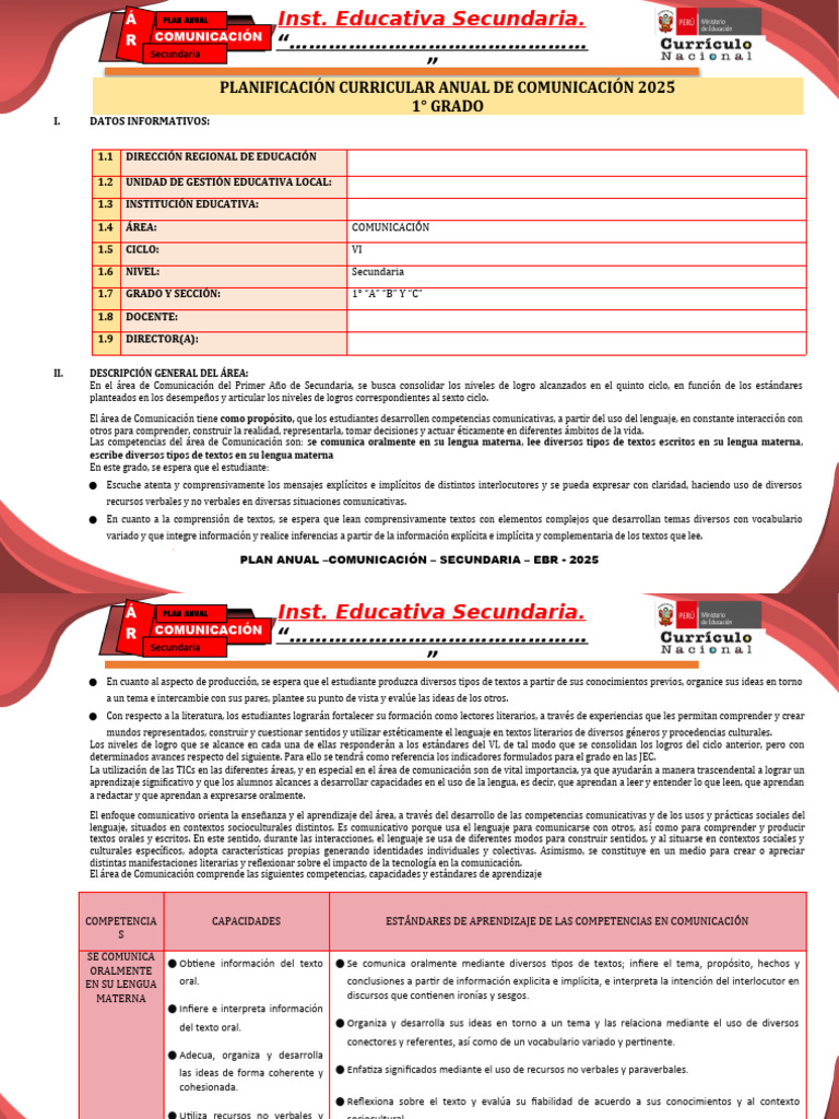 Plan Anual Comunicación Secundaria 2025 | PDF | Comunicación | Aprendizaje