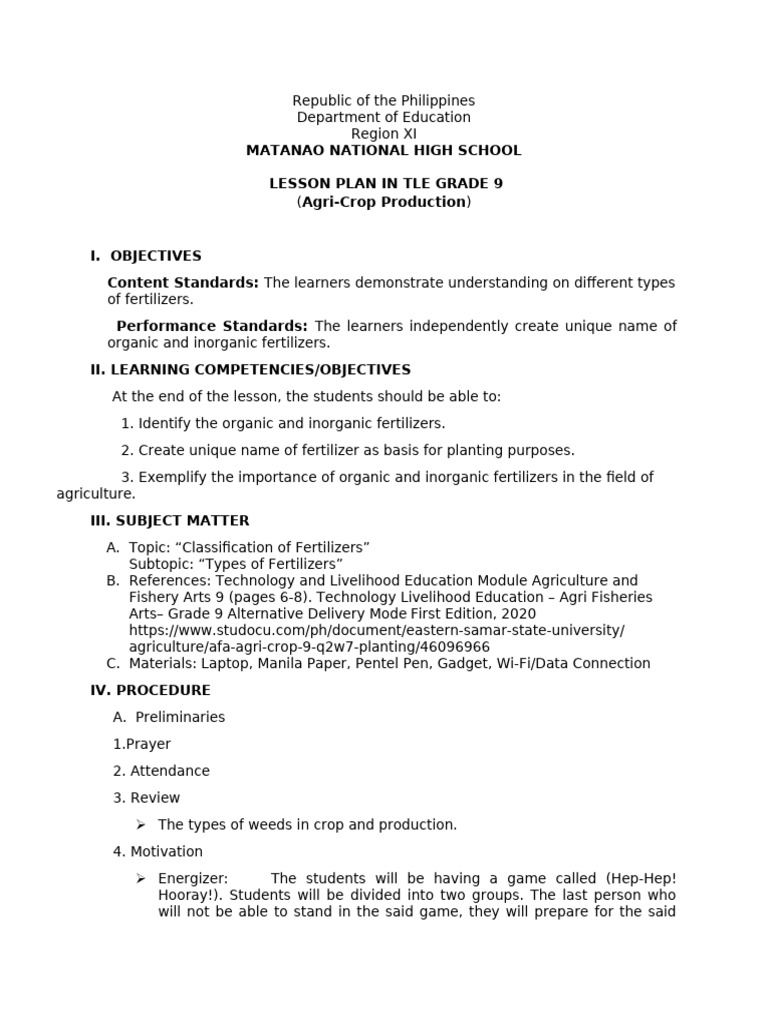 Types of Fertilizers Lesson Plan | PDF | Manure | Fertilizer