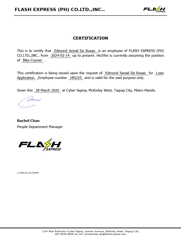 Flash Express (PH) Co - Ltd.,Inc..: Certification | PDF