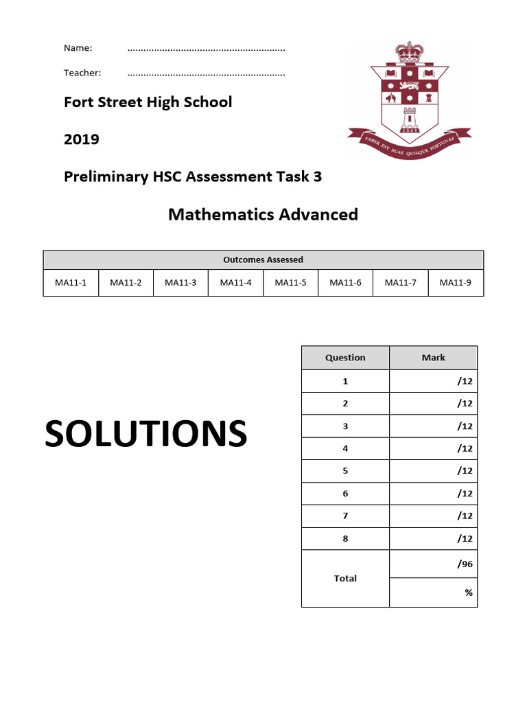 2019 Fort Street Preliminary Yr 11 Mathematics Assessment Task 3 ...