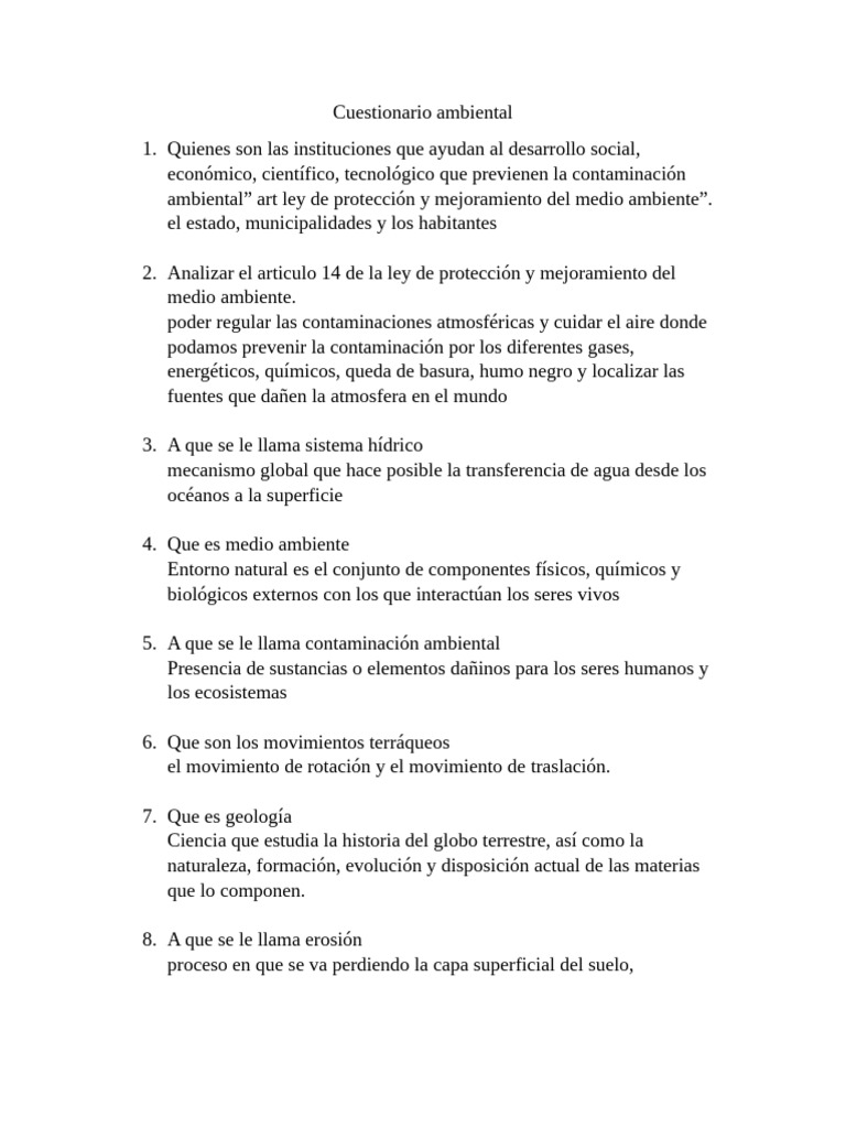 Cuestionario Ambiental | PDF | Entorno natural | Ley del Medio Ambiente