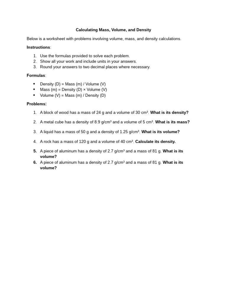 Practice Calculating Mass - Volume - Density | PDF