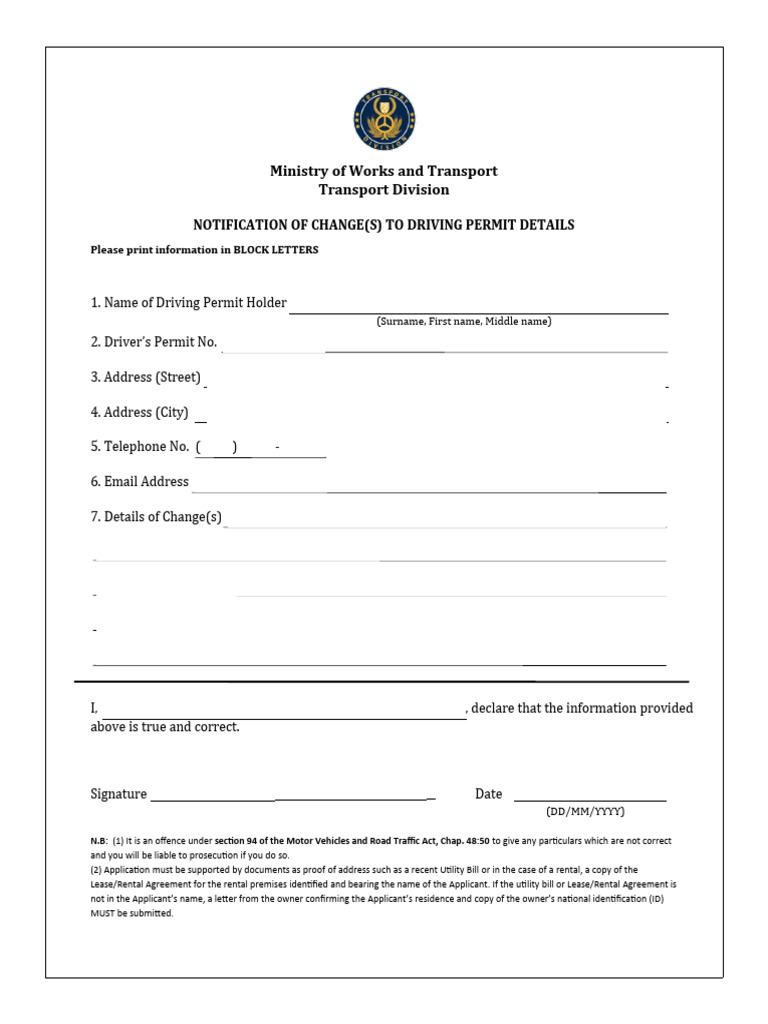 Driving Permit Change Notification Form | PDF