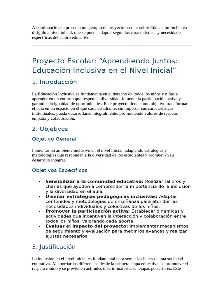 Proyecto de Inclusión Educativa Inicial | PDF | Educación de la primera ...