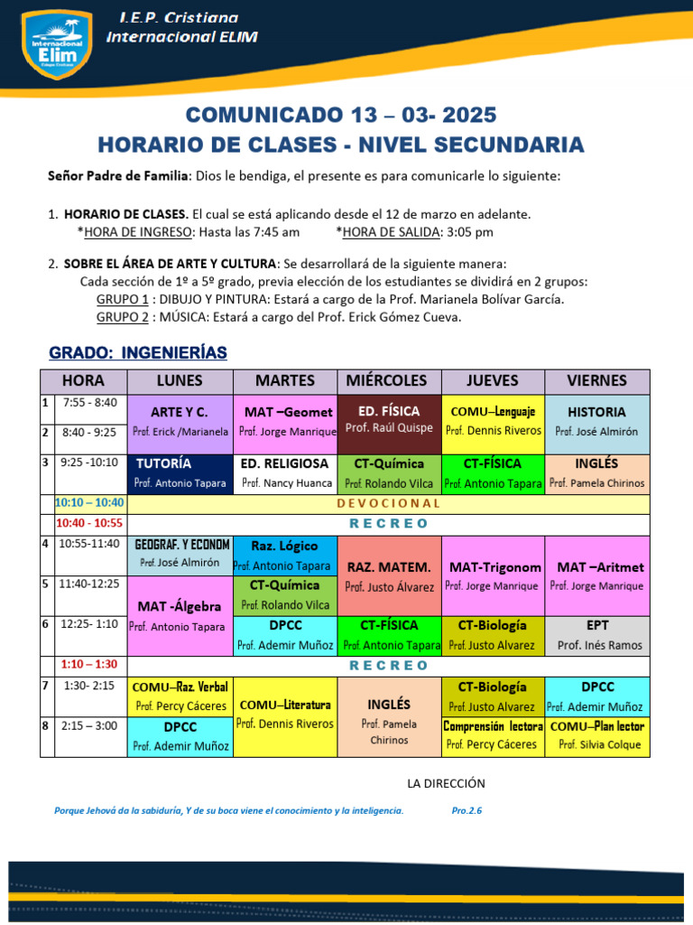 Horario de Clases Secundaria 2025 | PDF