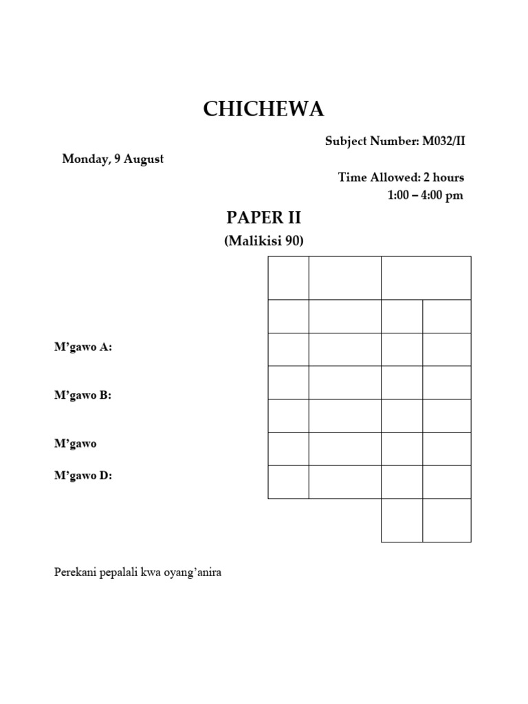 Chichewa Mock Exam Paper II | PDF