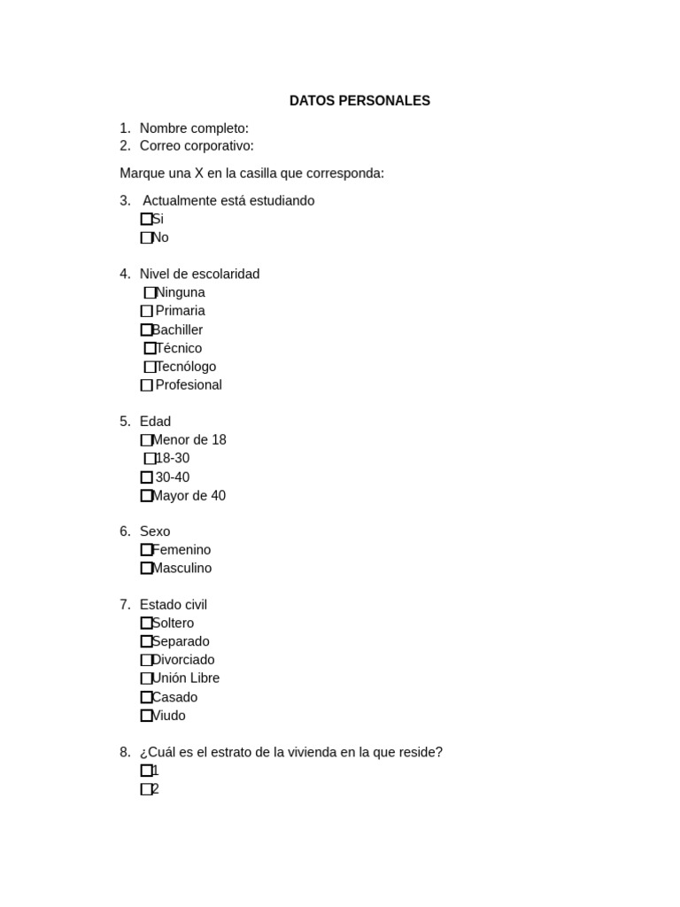 DATOS PERSONALES - ENCUESTA | PDF