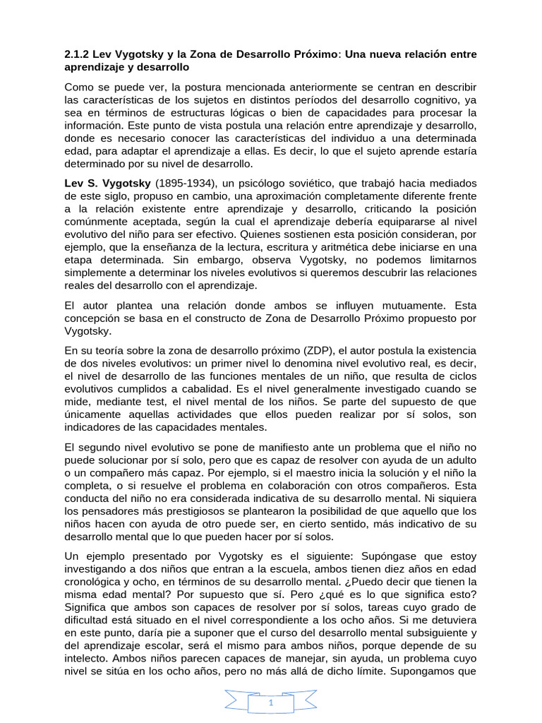 Vygotsky y la Zona de Desarrollo Próximo | PDF | Aprendizaje | Evolución