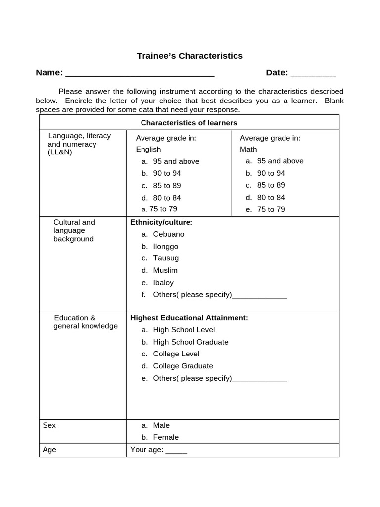 Trainee Characteristics Self-Assessment Form | PDF | Cakes | Desserts