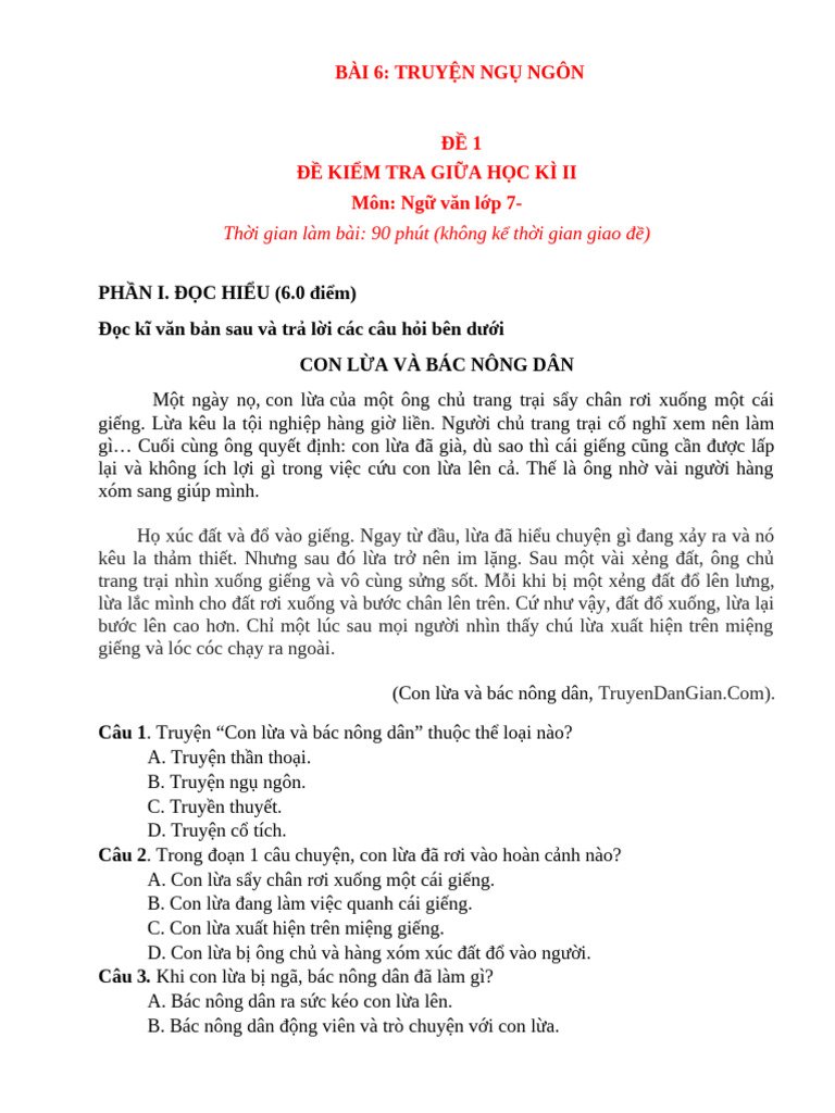 6 Bài 6-Cd7-Đề Trắc Nghiệm Truyện Ngụ Ngôn | PDF