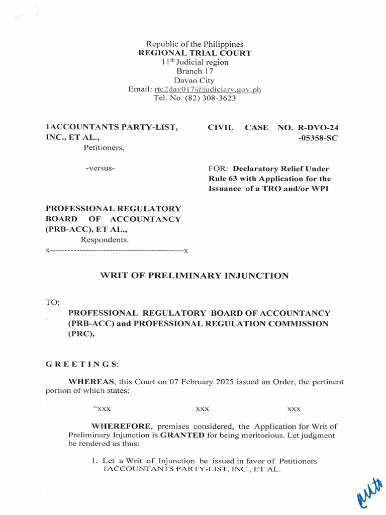 Writ of Preliminary Injunction Dated March 25, 2025 - 1APL | PDF