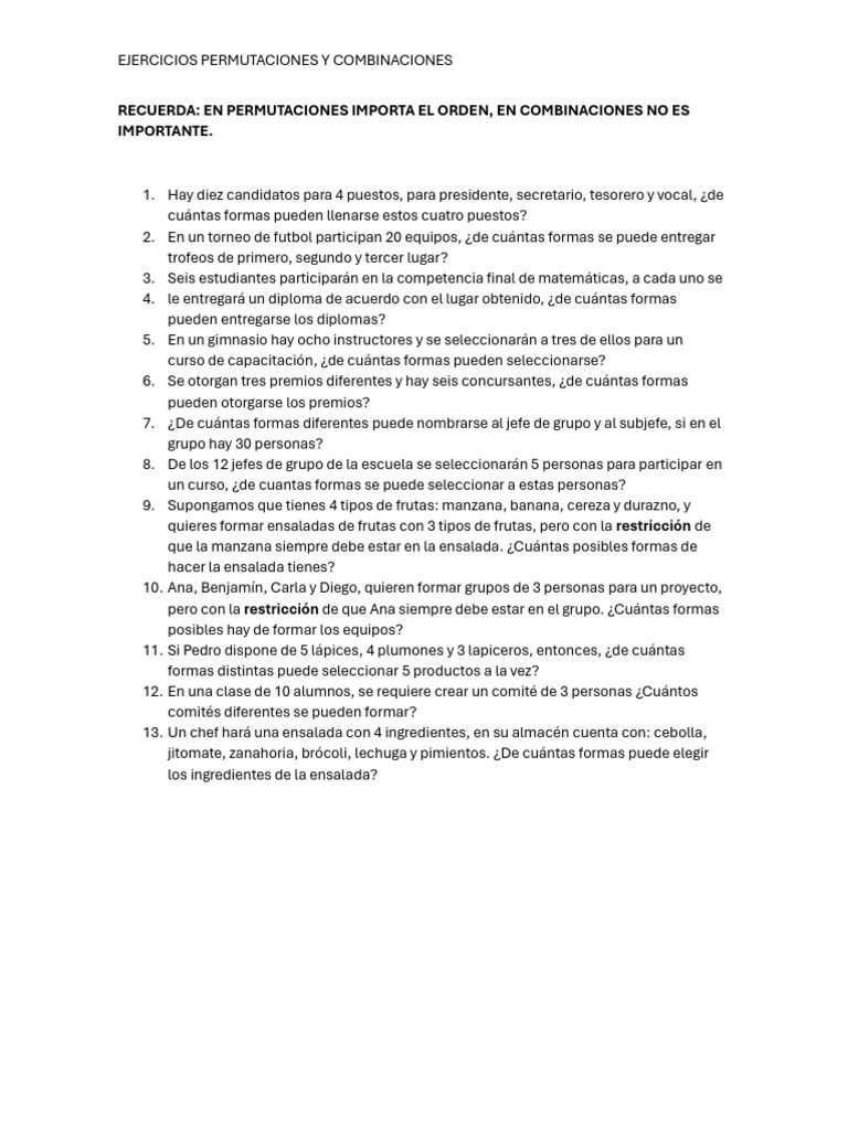 Ejercicios de Permutaciones y Combinaciones | PDF