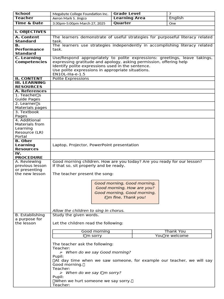 DLP English 1 q3 Polite Expressions | PDF | Learning