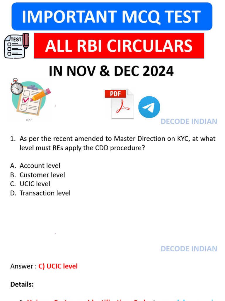RBI Circulars and KYC MCQs 2024 | PDF | Repurchase Agreement | Reserve ...