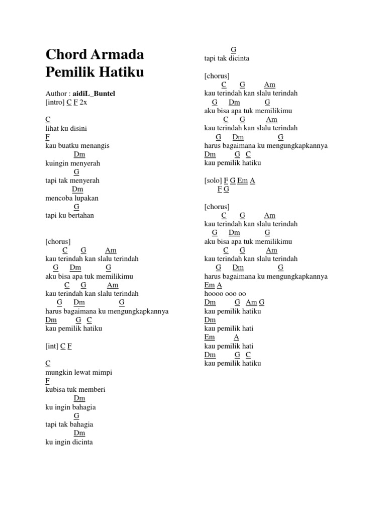 Not Angka Lagu Pemilik Hati Armada Pianika Recorder Keyboard Suling Chord Piano