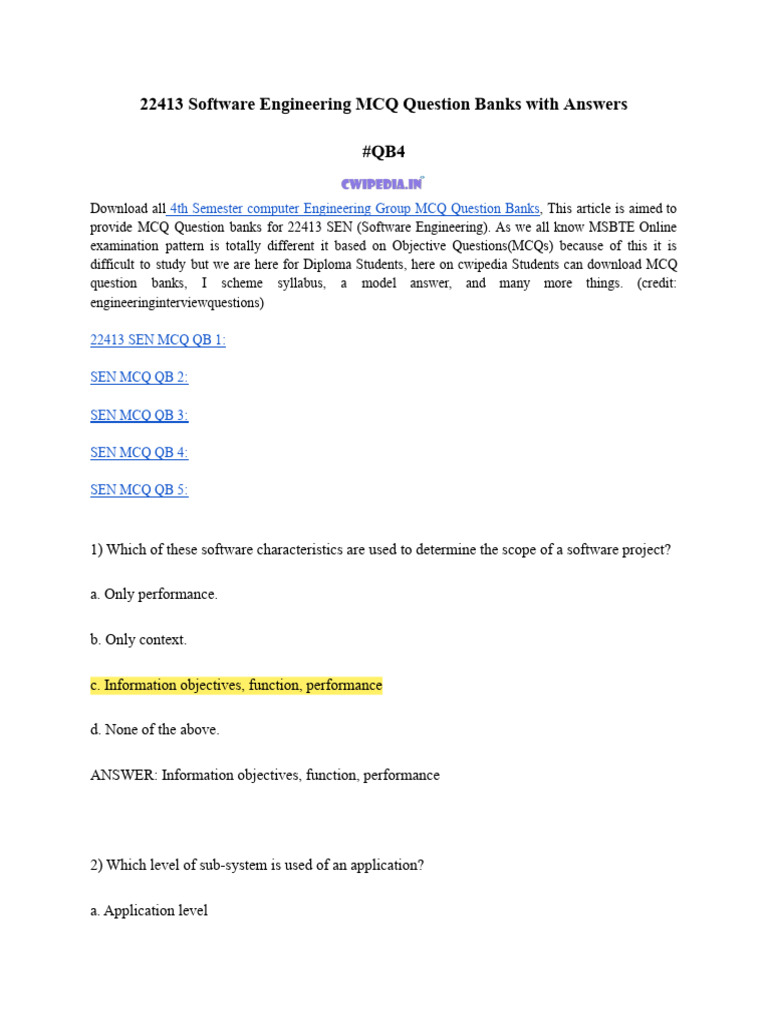 22413 Software Engineering MCQs Download | PDF | Software Development ...