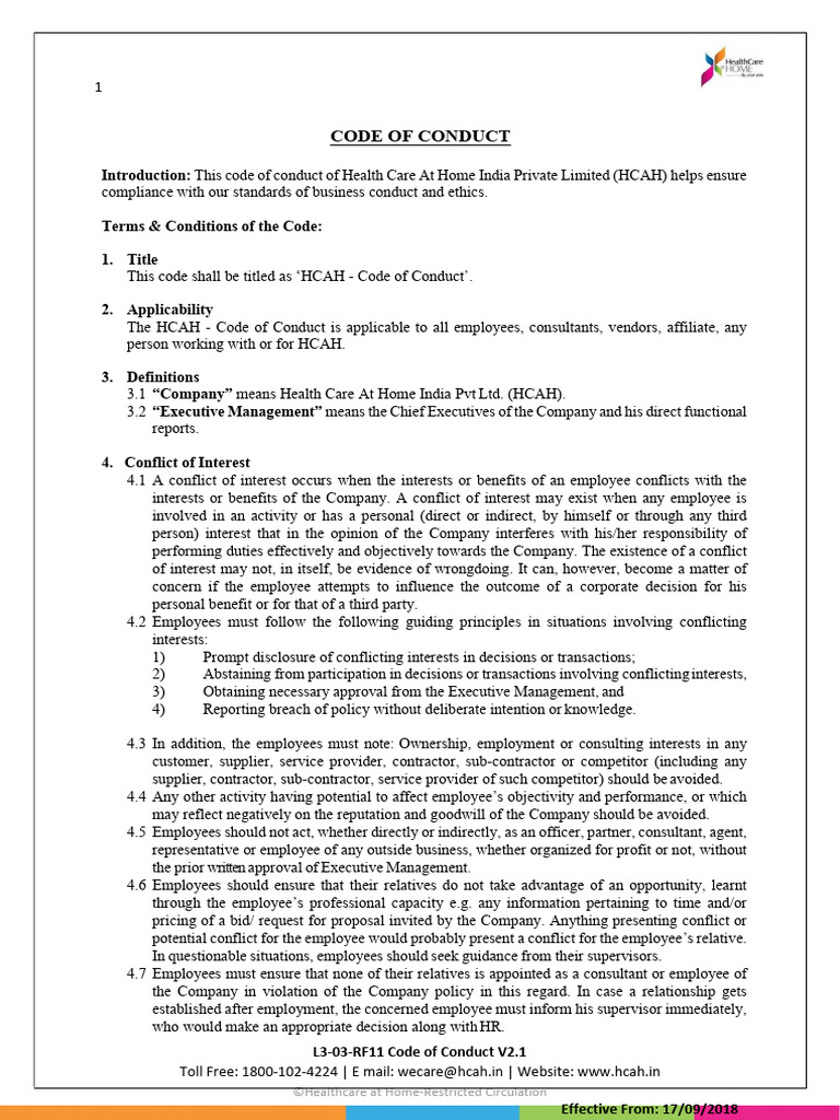 HCAH Code of Conduct Overview | PDF | Conflict Of Interest | Employment