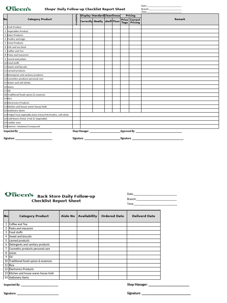 Daily Shop Follow-Up Checklist Template | PDF | Foods | Pasta