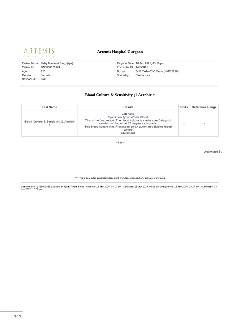 Negative Bactec Blood Culture Report | PDF