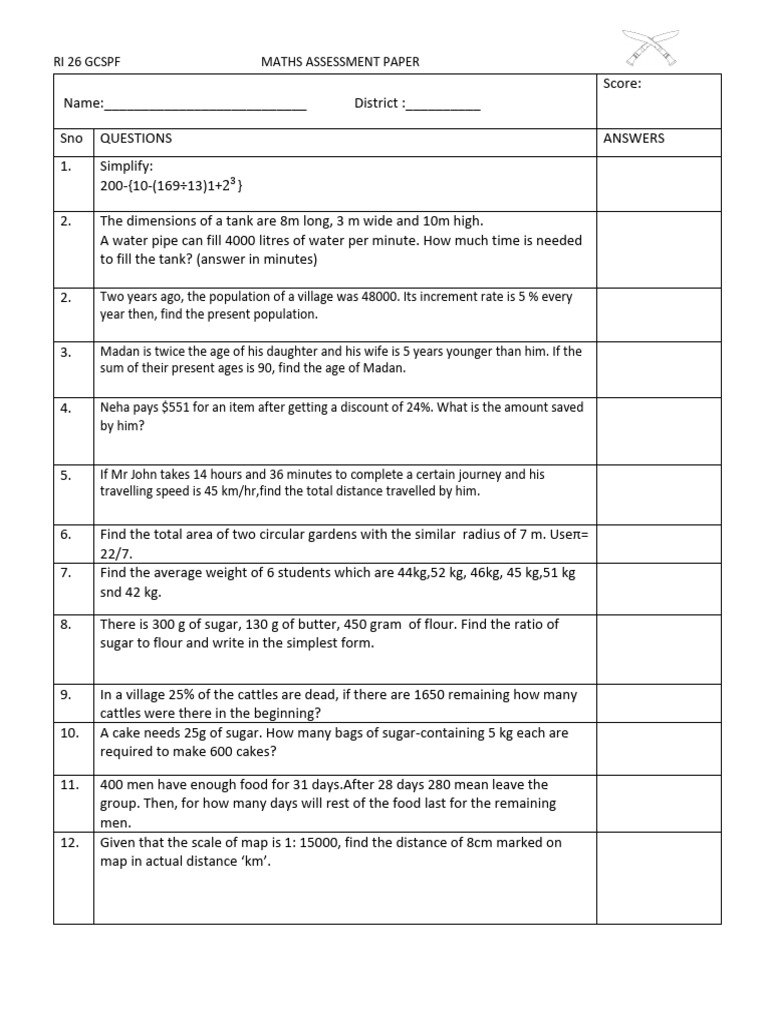 Maths Assessment Paper for Students | PDF