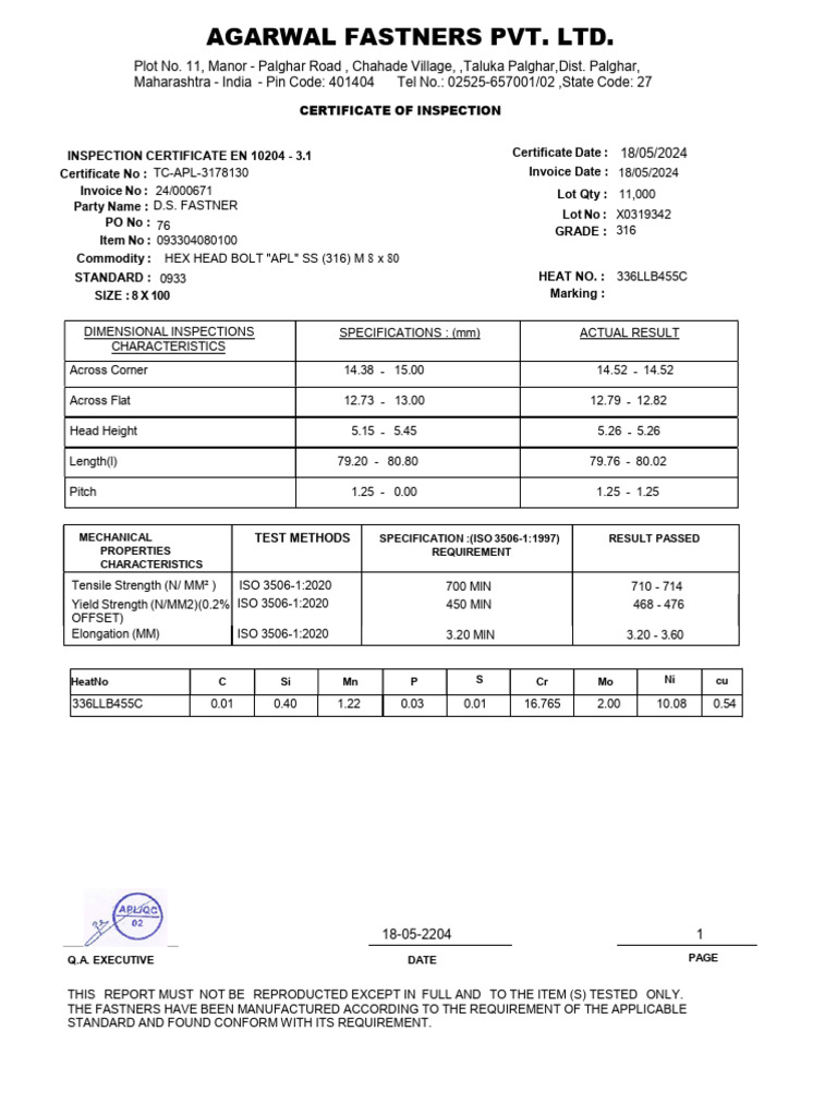 EN 10204 Inspection Certificate for Fasteners | PDF | Screw | Materials ...