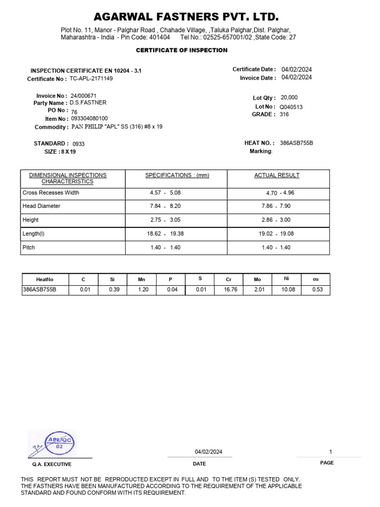 Inspection Certificate for Fasteners | PDF