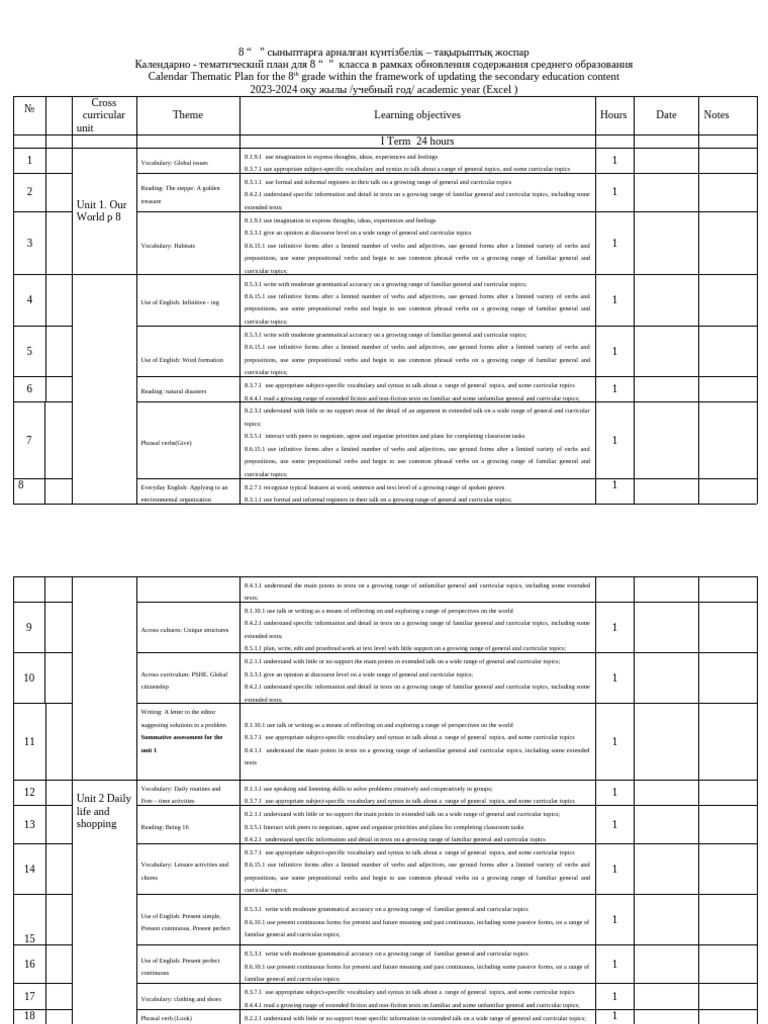 8th Grade Thematic Education Plan 2023-2024 | PDF | English Language | Verb