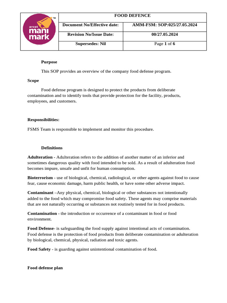 Food Defense Program Overview | PDF | Safety