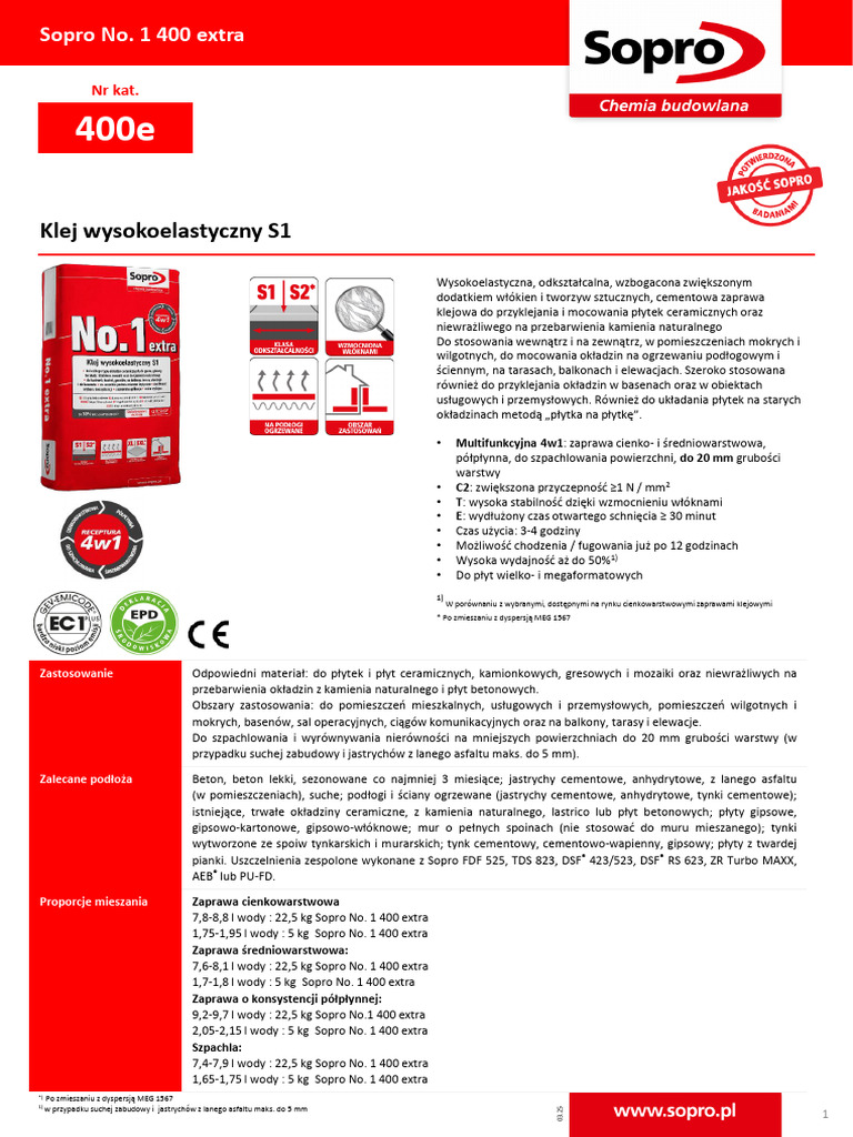 22,5kg SOPRO No.1 S1 Multifunktions- Flexkleber, Fliesen- Und Natursteinkleber (1,20EUR/kg