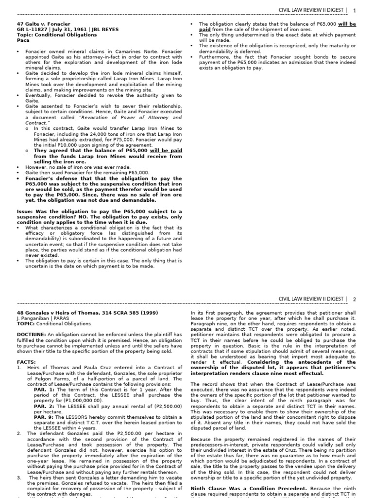 Conditional Obligations in Civil Law Cases | PDF | Lease | Sales