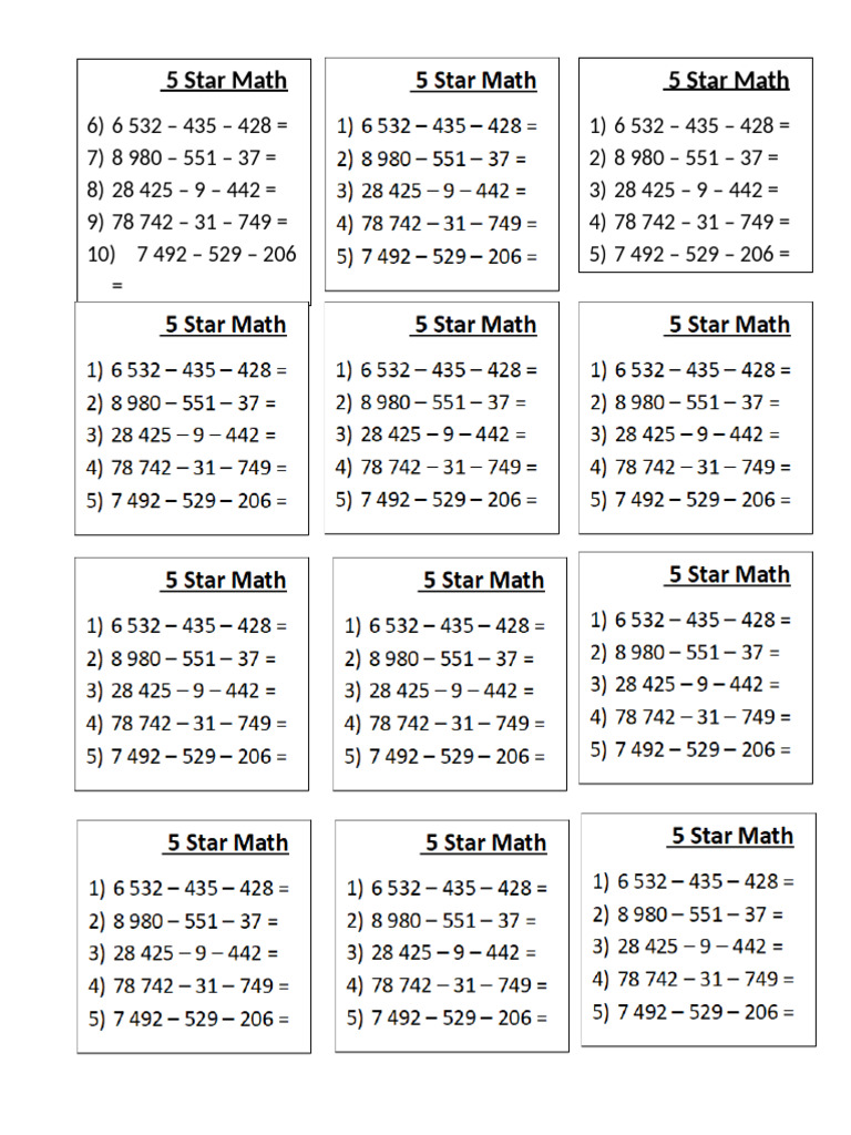 5 Star Math Subtraction Problems | PDF