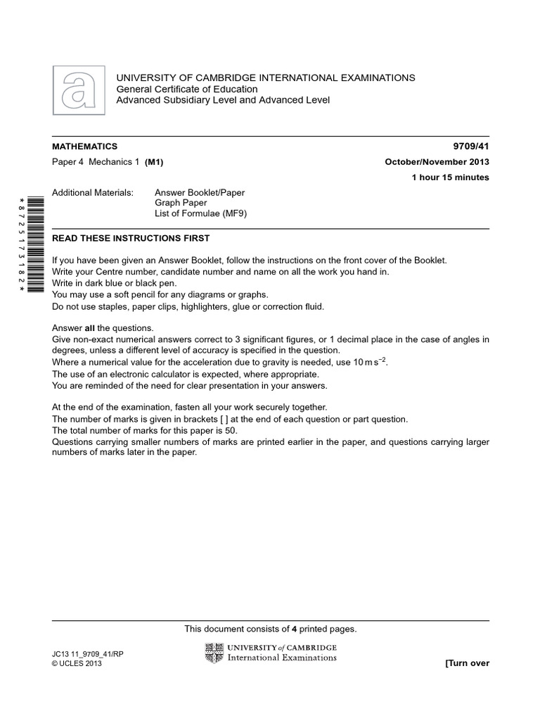 Cambridge A Level Mechanics Paper M1 | PDF | Force | Friction