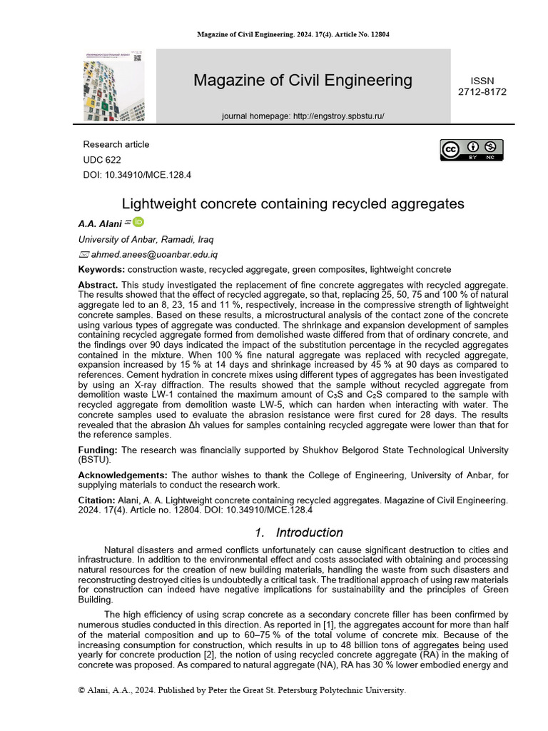 Lightweight Concrete with Recycled Aggregates | PDF | Concrete | Cement