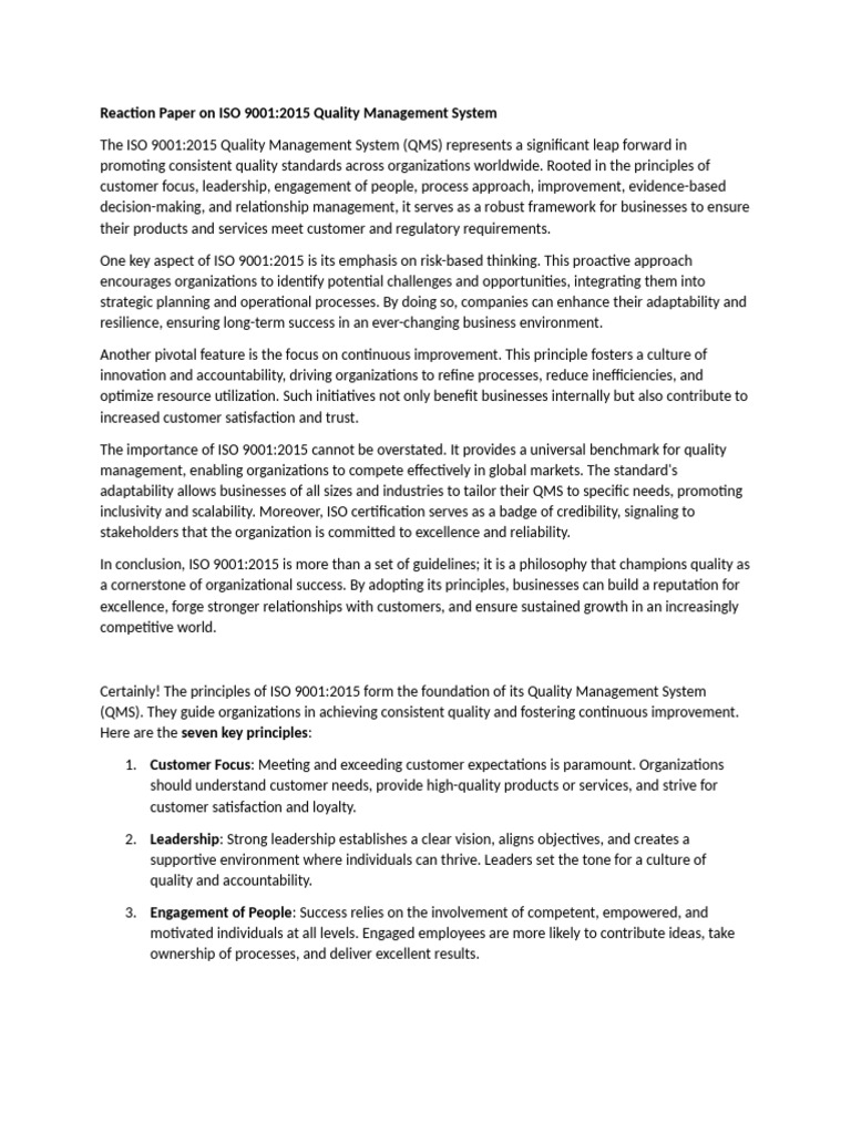 Reaction Paper On ISO 9001 | PDF | Quality Management | Quality ...