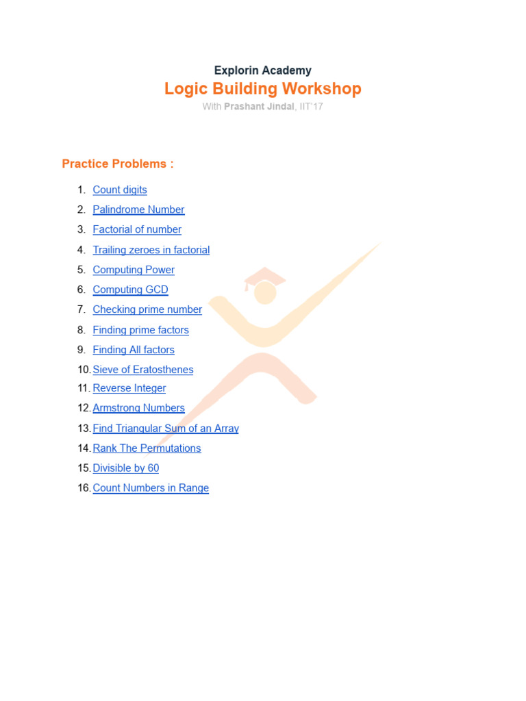 Logic Building Workshop Problems List | PDF