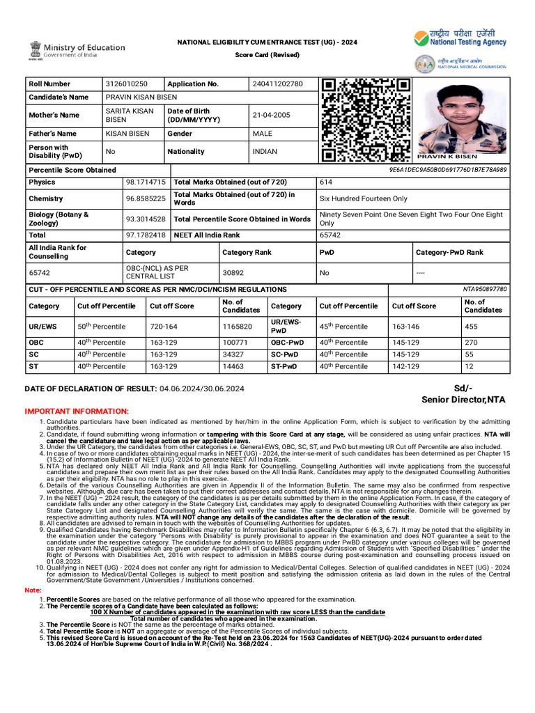 NEET UG 2024 Revised Score Card | PDF | Student Assessment And ...
