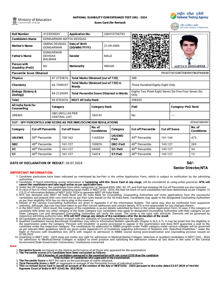 Neet - Ntaonline.in Frontend Web Re-revised25july-Scorecard Score-Card ...