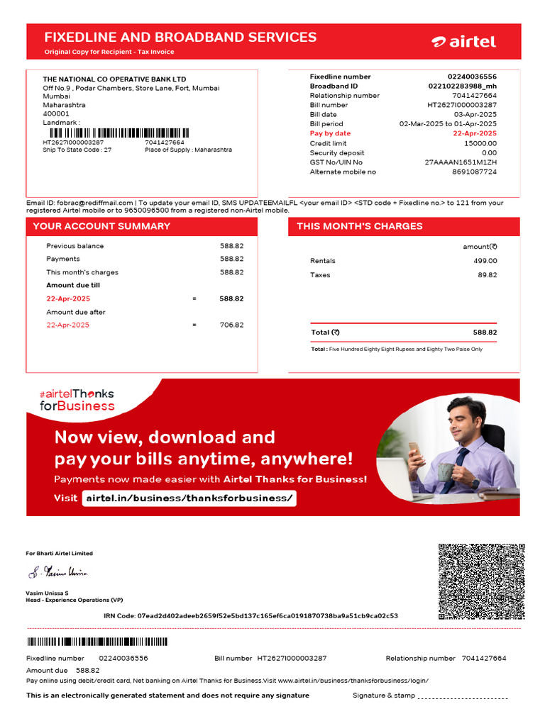 Airtel Fixedline & Broadband Invoice | PDF | Payments | Credit Card